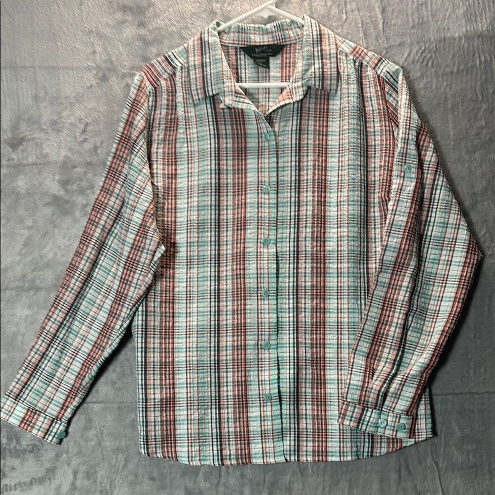 Woolrich Breeze Teal Coral Front Button Up Crinkle Texture Shirt Top Size XL